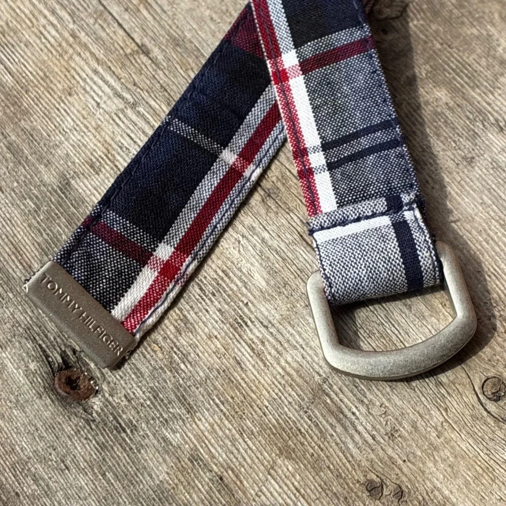 Tommy Hilfiger Belt Plaid D-Ring Webbing Navy Red White 34.5 Inch Preppy